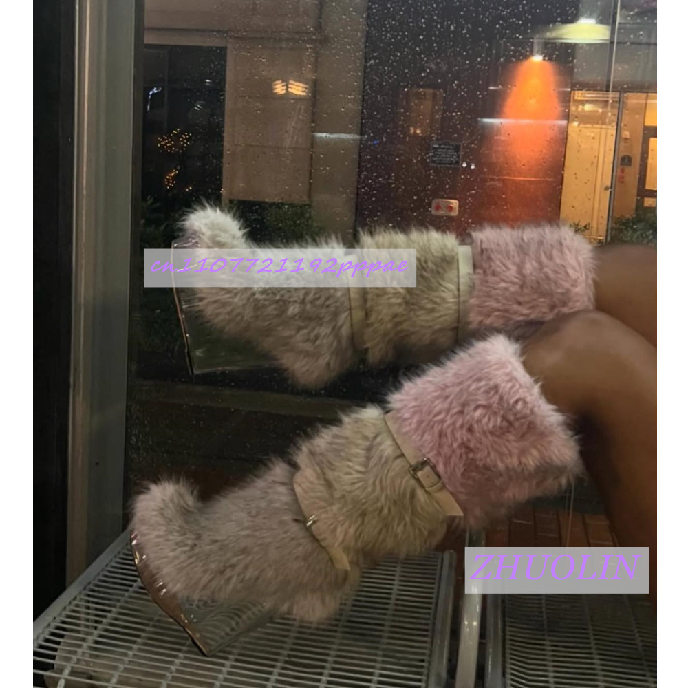 Waterproof Winter Boot - Botas de cuña transparentes peludas con